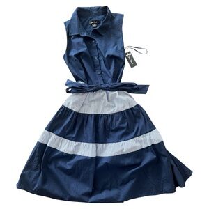 New Navy Blue Sleeveless Dress with Striped Skirt (B36)